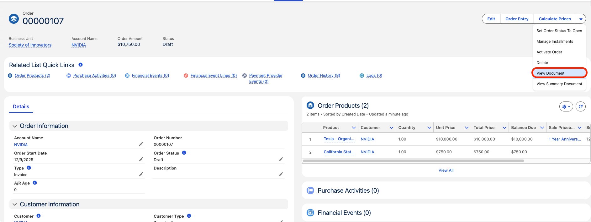 An Order record with the View Document button