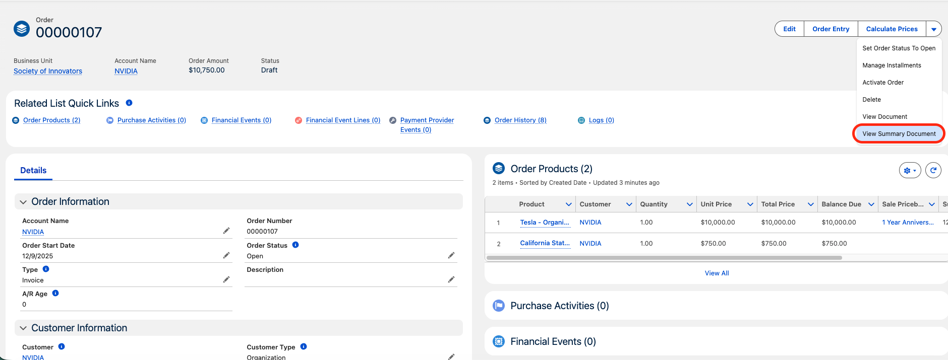 An Order record with the View Summary Document button