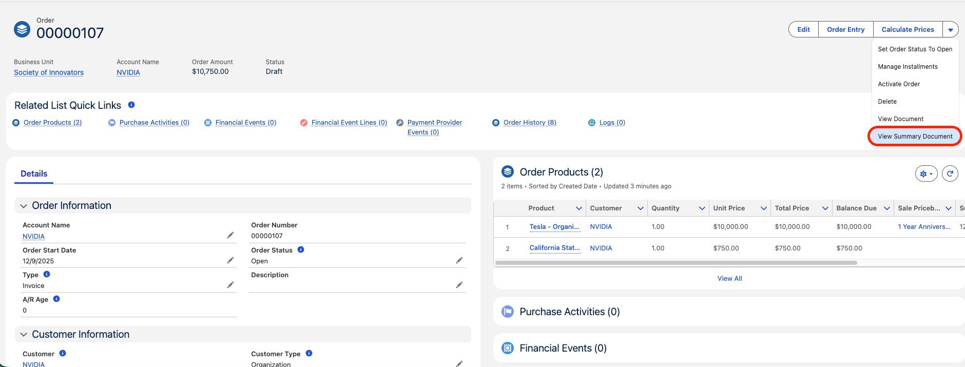 An Order record with the View Summary Document button