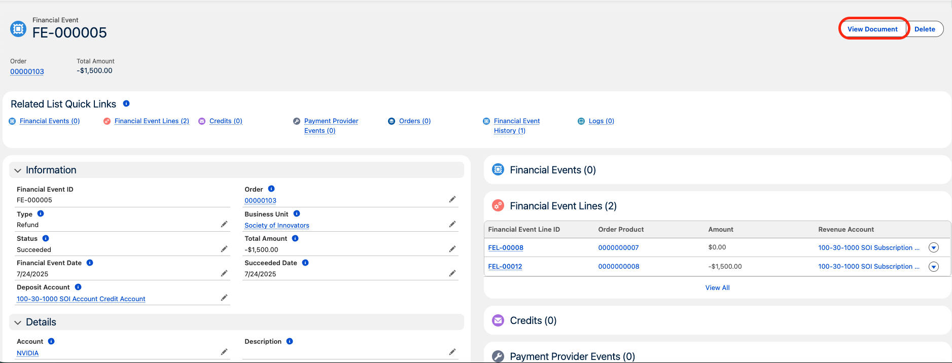 A Financial Event record with the View Document button
