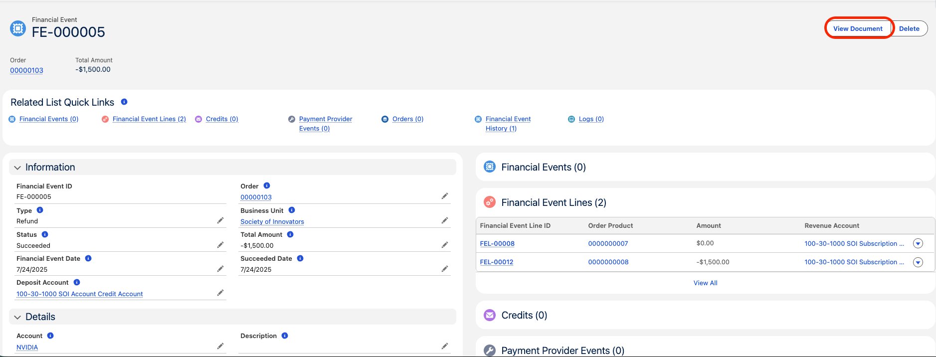 A Financial Event record with the View Document button