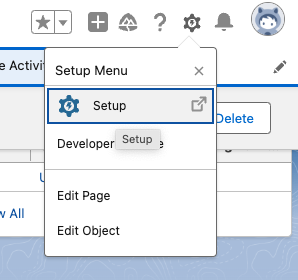 The Salesforce gear icon with the Setup menu open