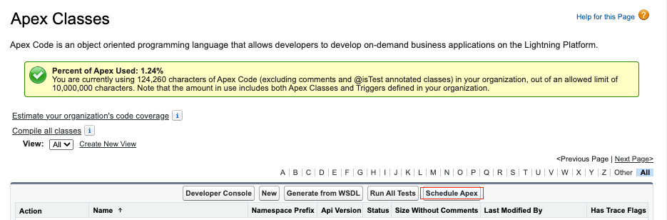 The Schedule Apex button on the Apex Classes page