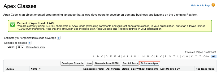 The Schedule Apex button on the Apex Classes page