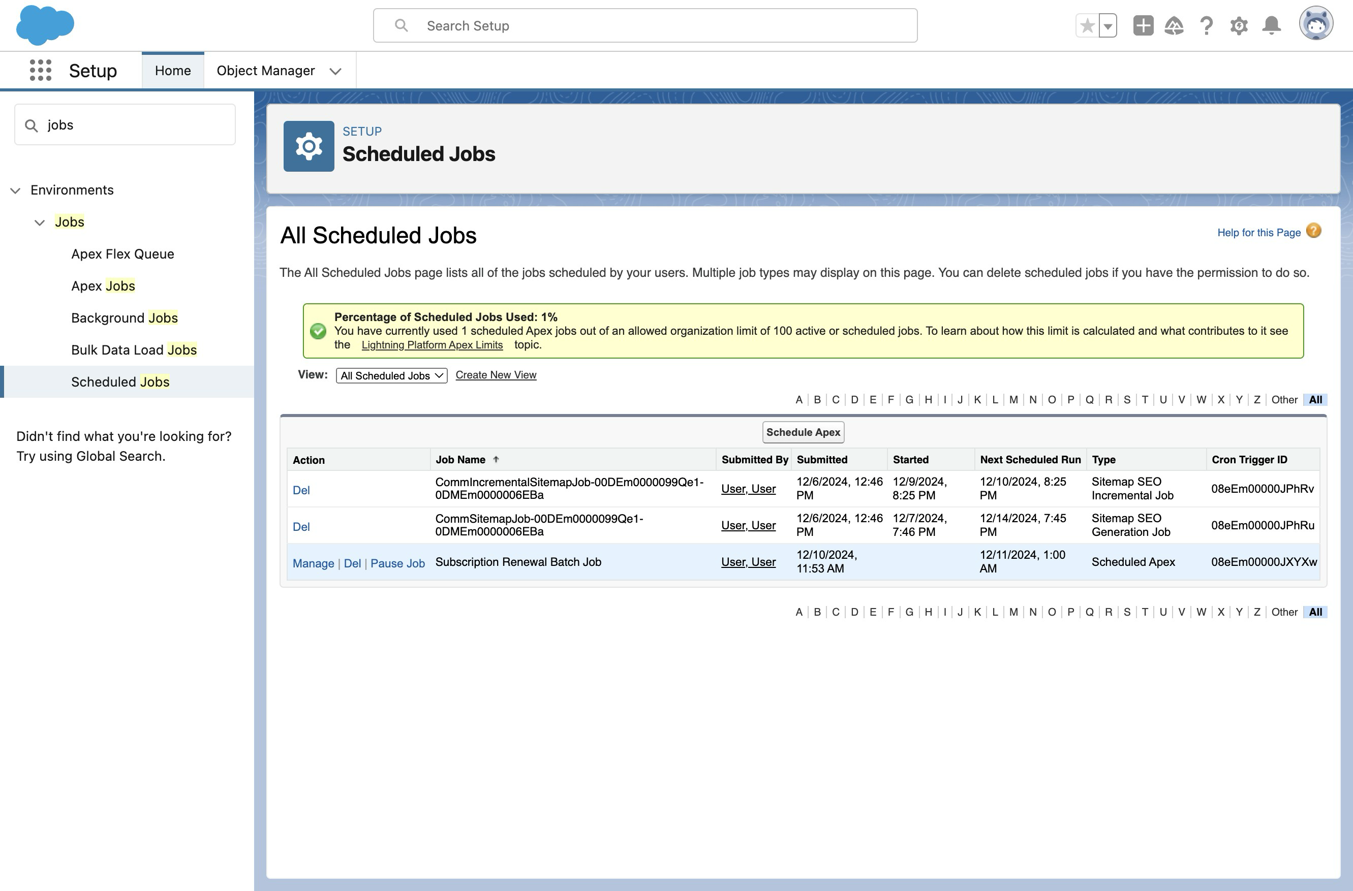 The renewal job listed on the Scheduled Jobs page