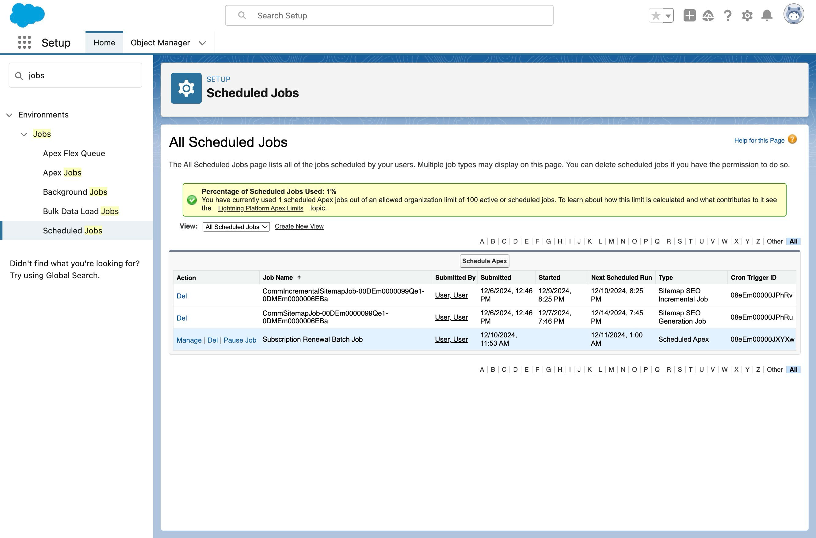The renewal job listed on the Scheduled Jobs page