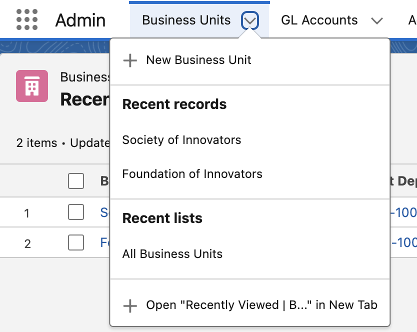 Business Unit tab in the Salesforce app navigation