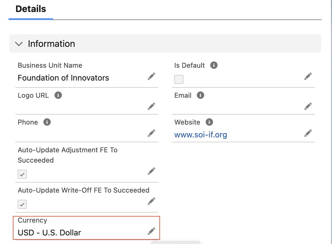 Editing the Currency field on a Business Unit detail page