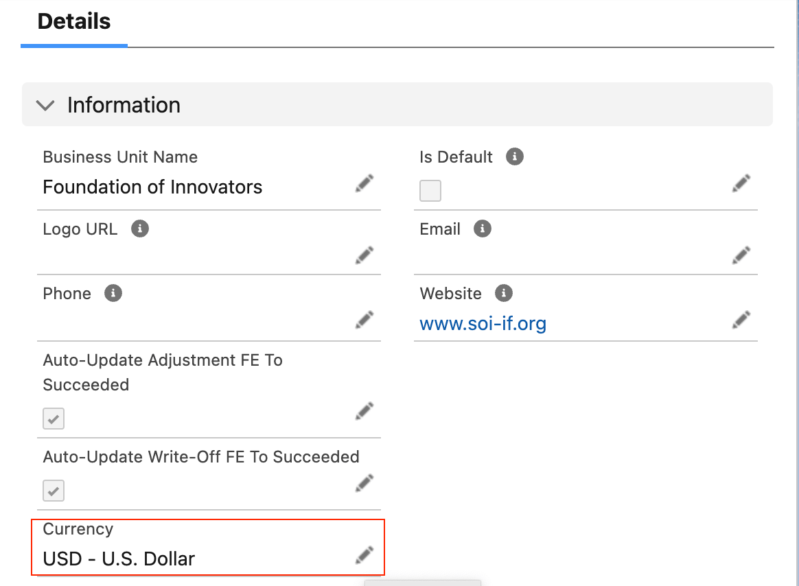 Editing the Currency field on a Business Unit detail page