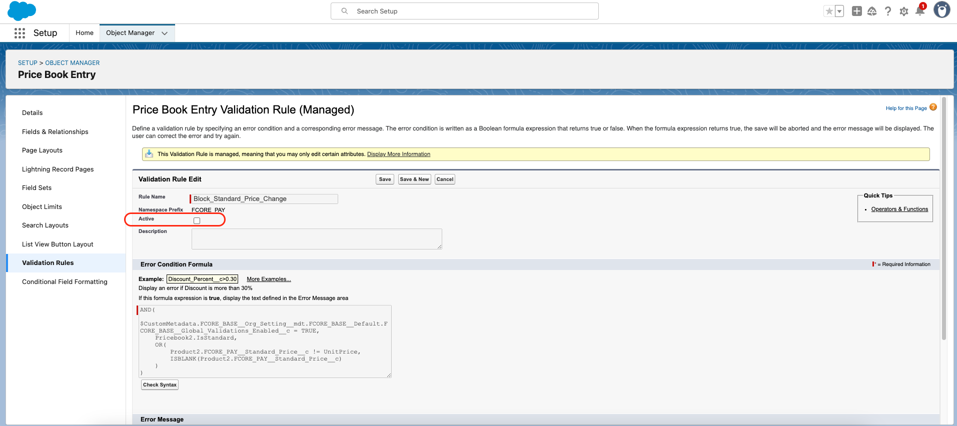 The Block_Standard_Price_Change validation rule edit screen with the Active checkbox