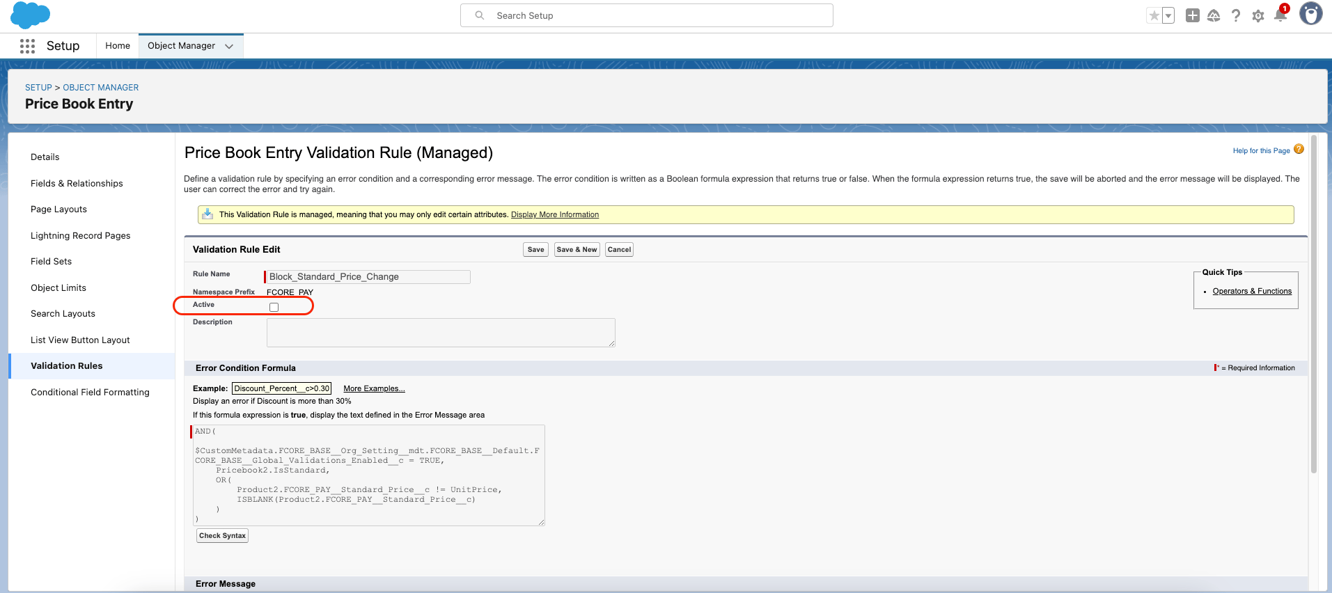 The Block_Standard_Price_Change validation rule edit screen with the Active checkbox