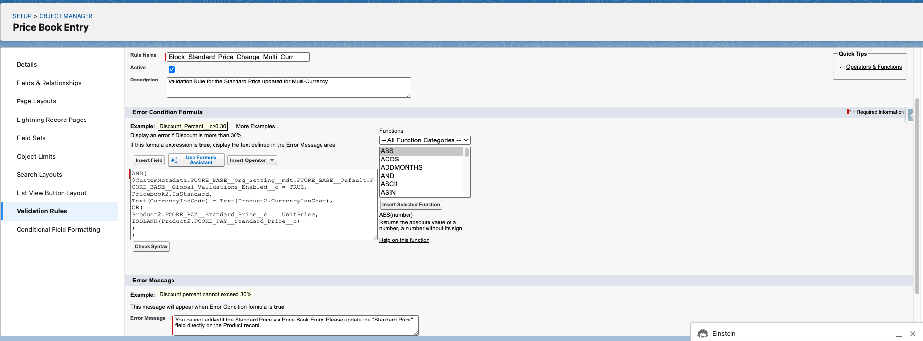 The new Block_Standard_Price_Change_Multi_Curr validation rule with its formula and error message