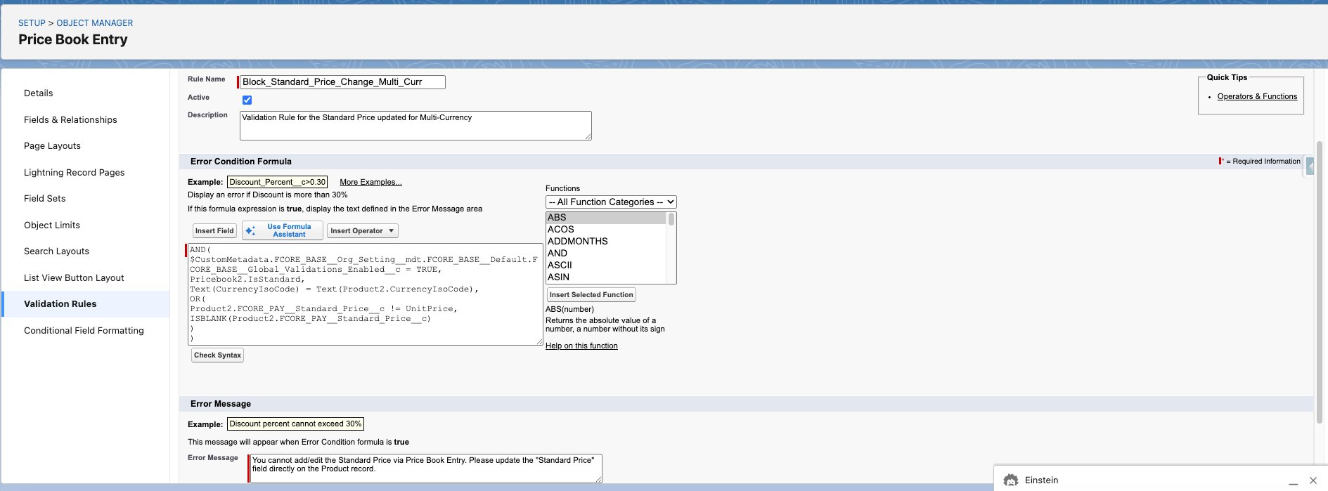 The new Block_Standard_Price_Change_Multi_Curr validation rule with its formula and error message