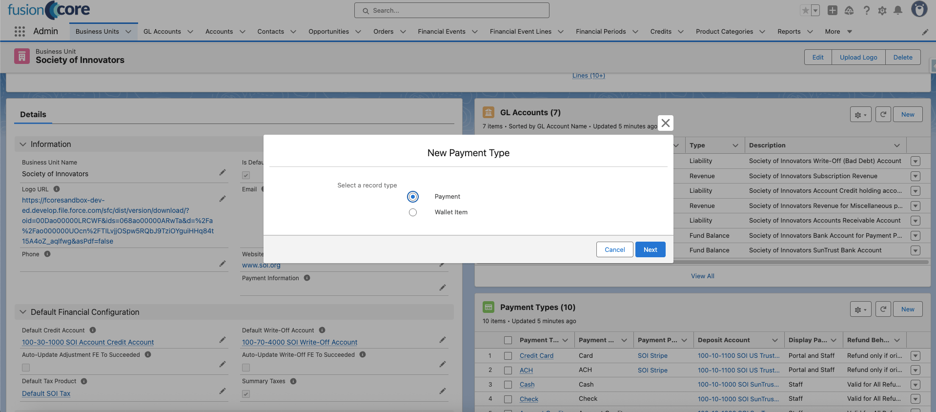 Record type selection dialog with Payment selected