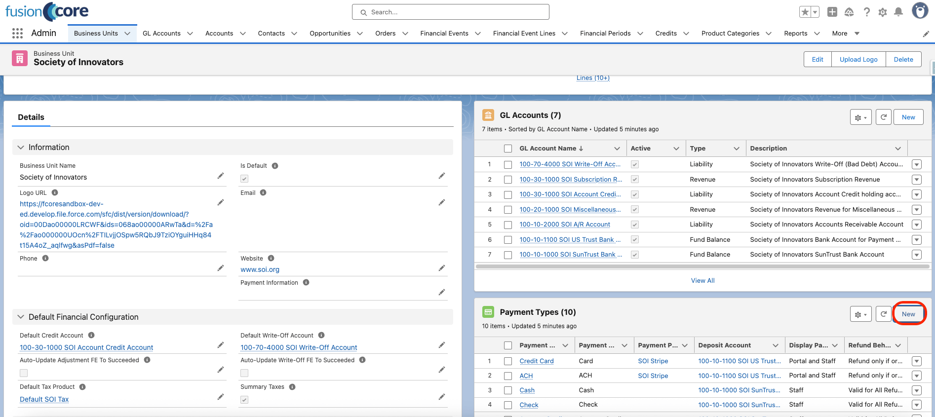 The Payment Types related list on a Business Unit with the New button