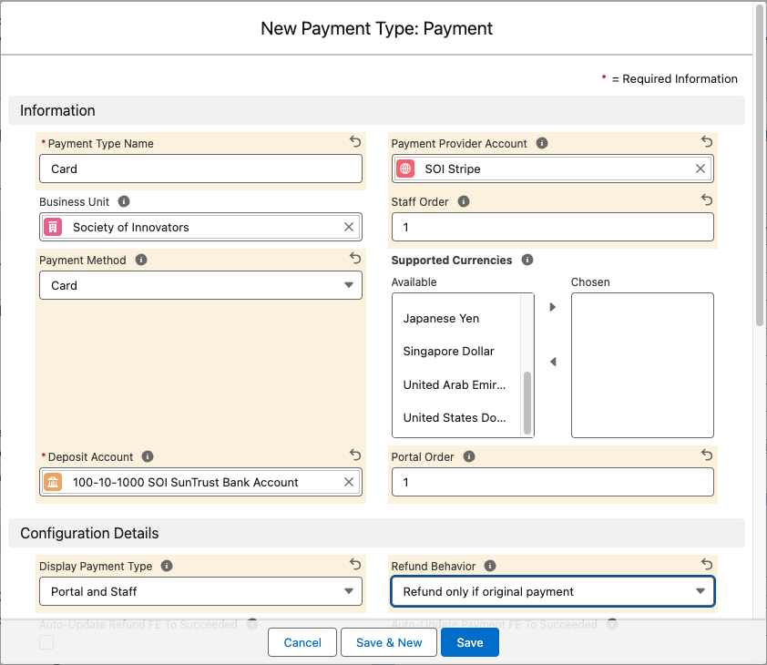 A Stripe Payment Type record with the core fields filled in