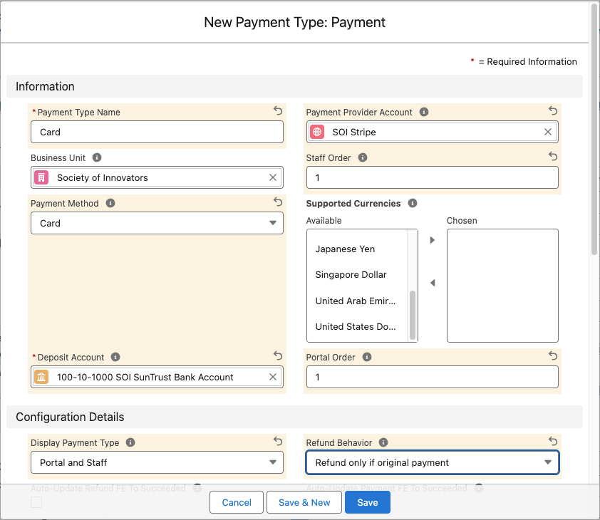 A Stripe Payment Type record with the core fields filled in