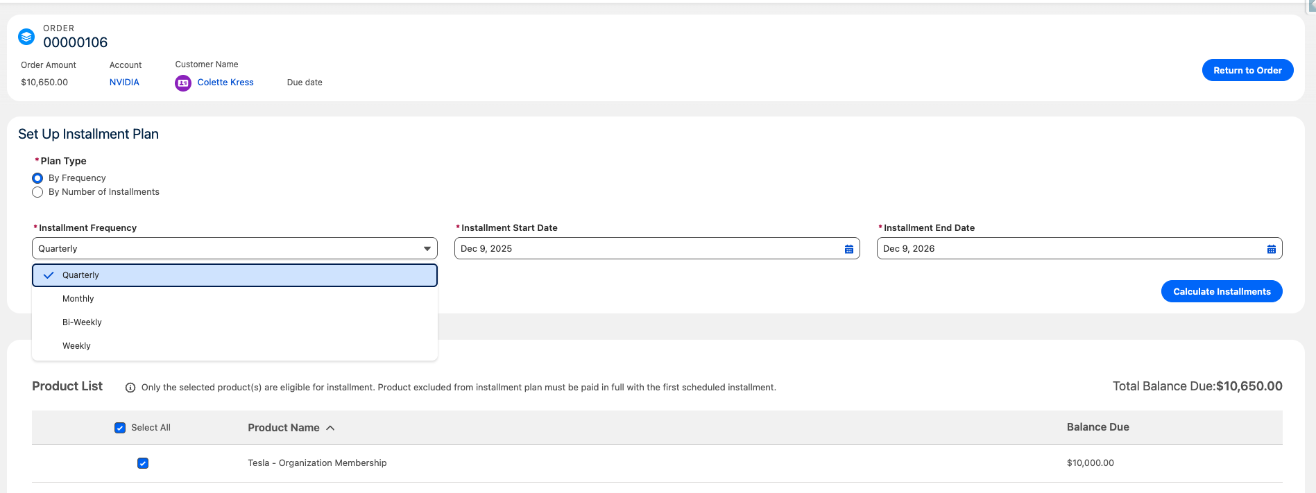 Manage Installments plan type set to By Frequency