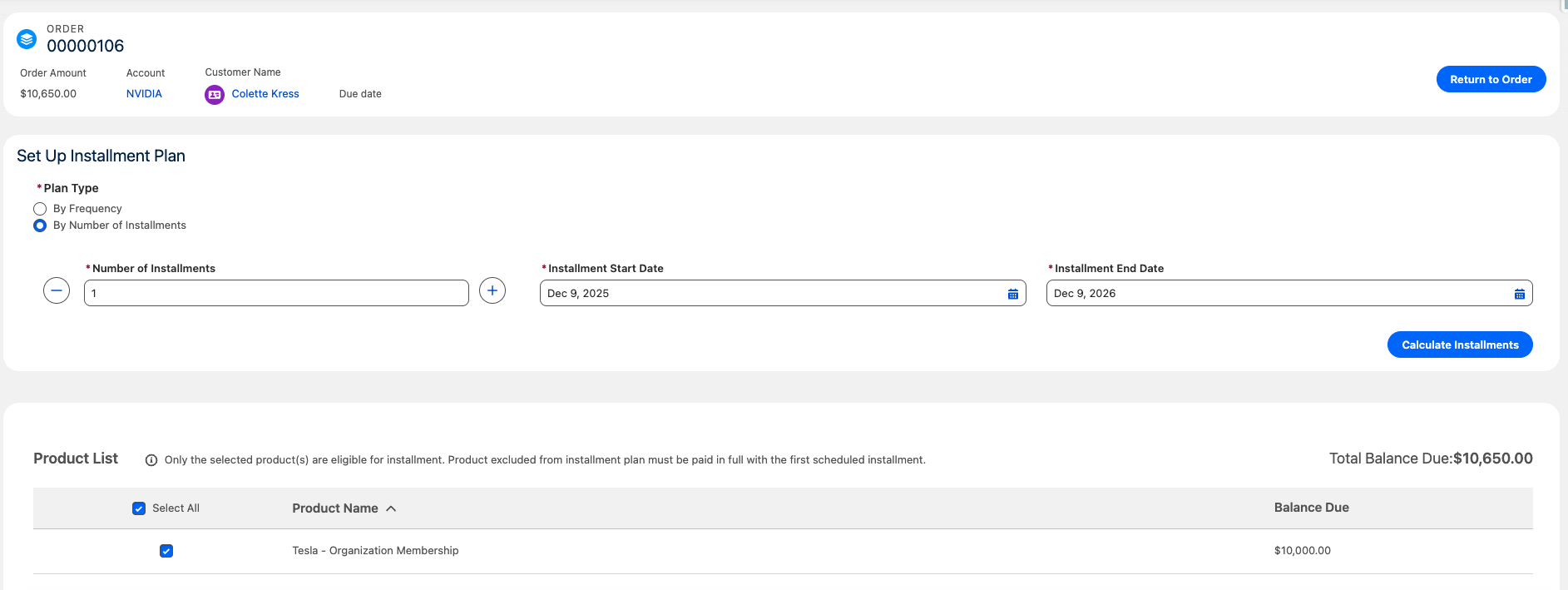 Manage Installments plan type set to By Number of Installments