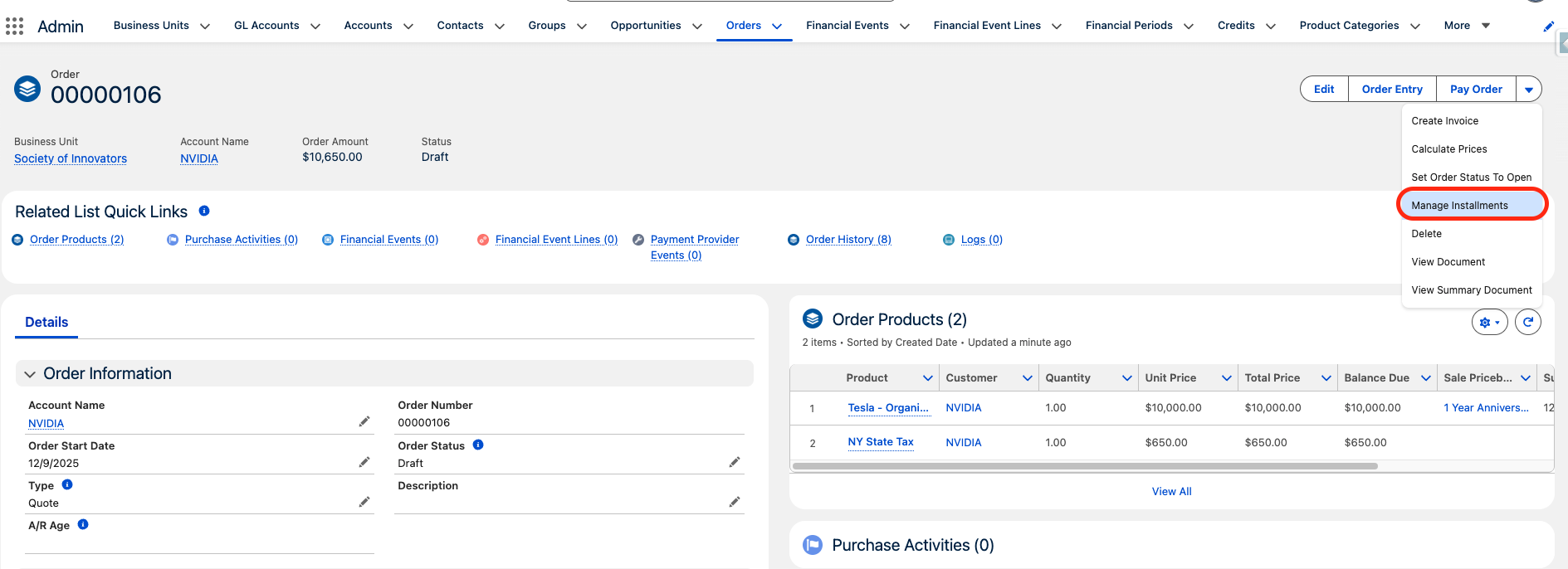 Manage Installments button on an Order record page
