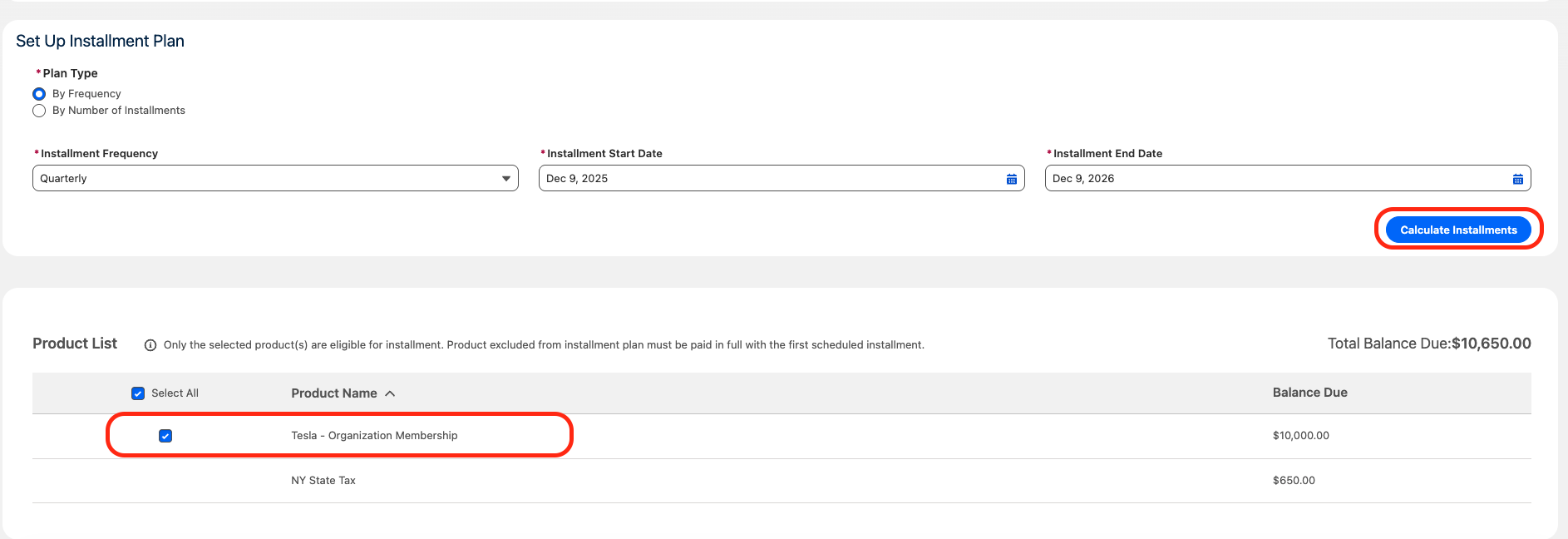 Preview of calculated installments