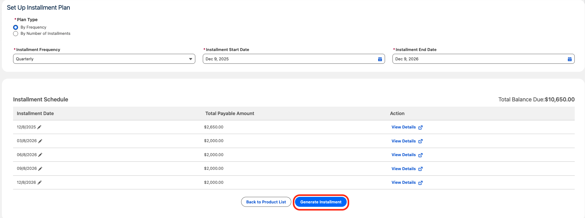 Generate Installments confirmation