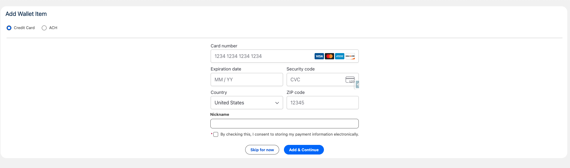 Add a payment method to the Order or skip for now