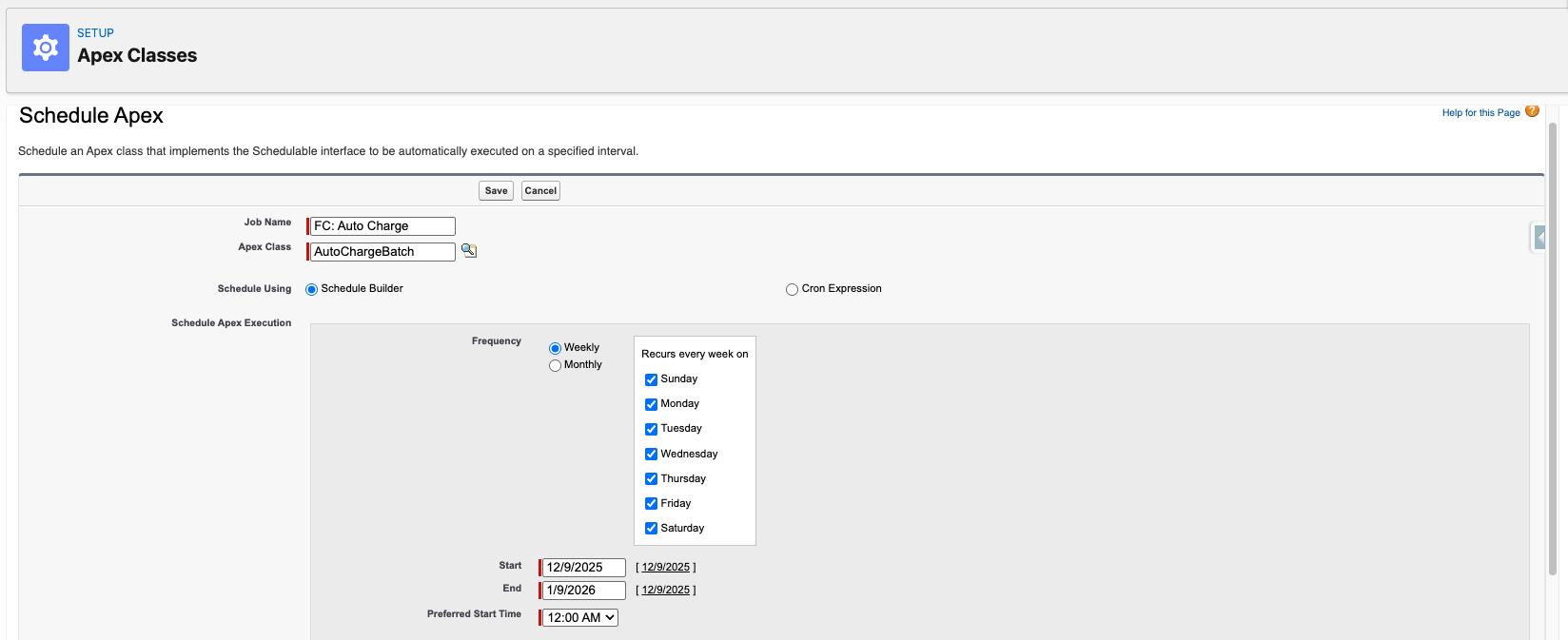 Schedule Apex screen with the AutoChargeBatch class selected to run daily