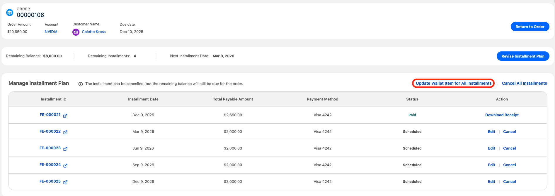 Manage Installments component with the Update Wallet Item for All Installments button