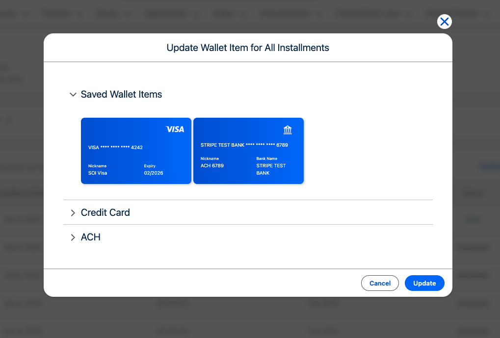 Wallet Item selection dialog for updating the Auto-Charge payment method