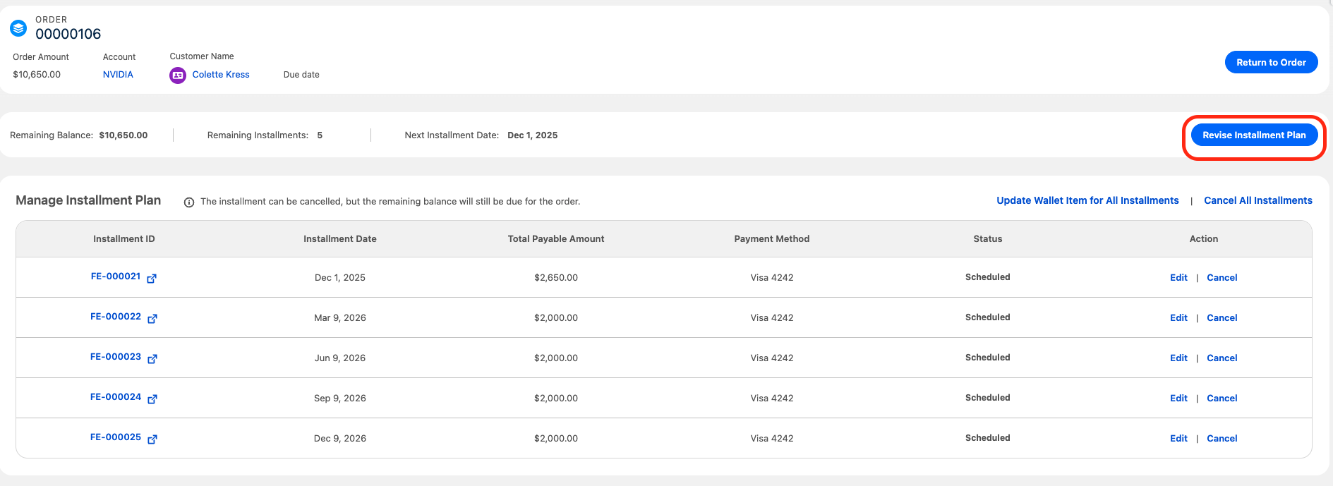 Revise Installments button in the Manage Installments component