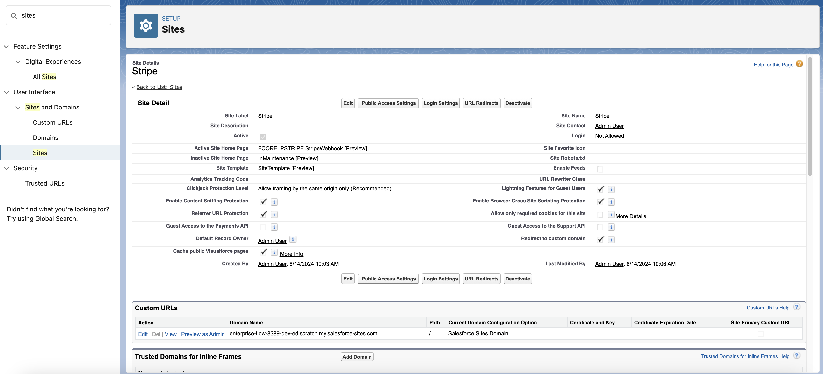 Salesforce site detail page showing StripeWebhook as the active site home page