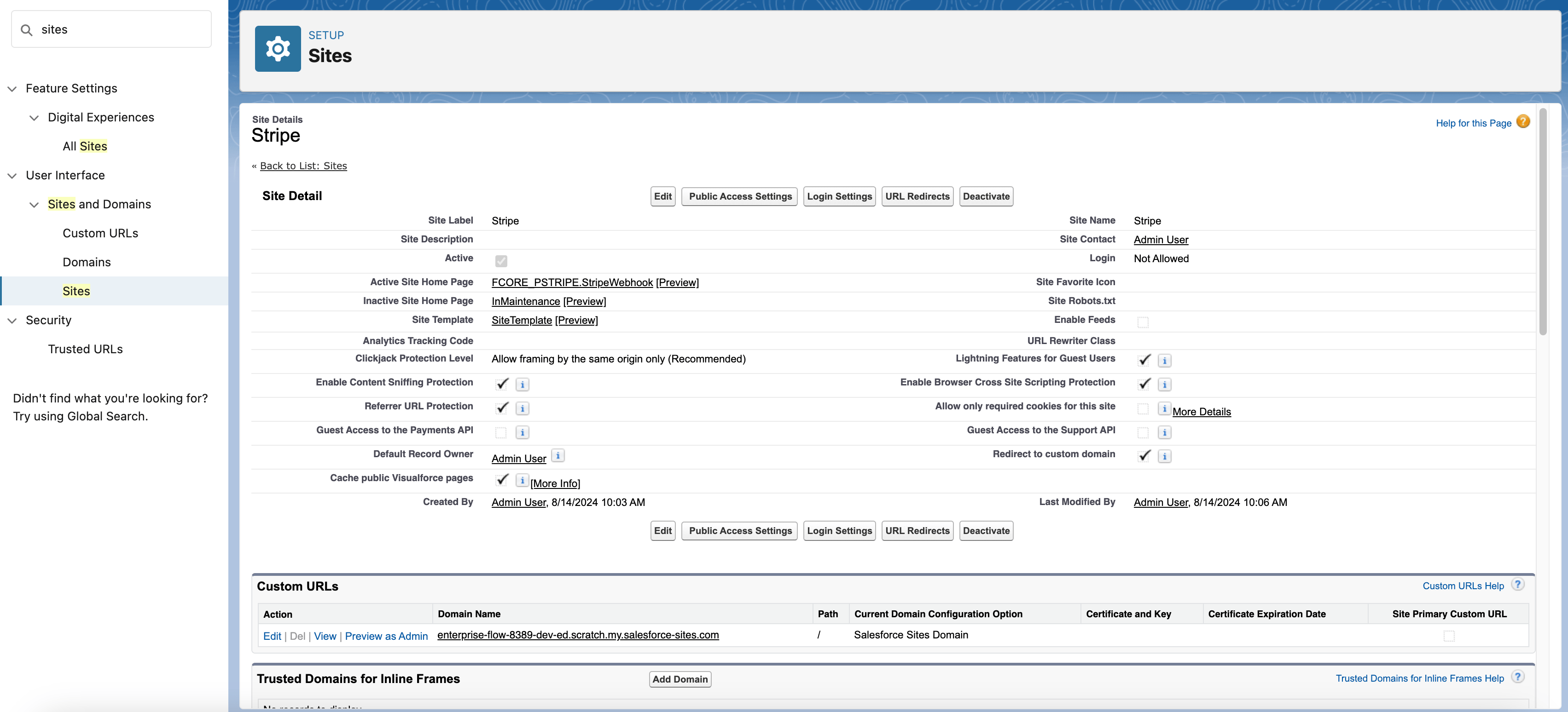 Salesforce site detail page showing StripeWebhook as the active site home page