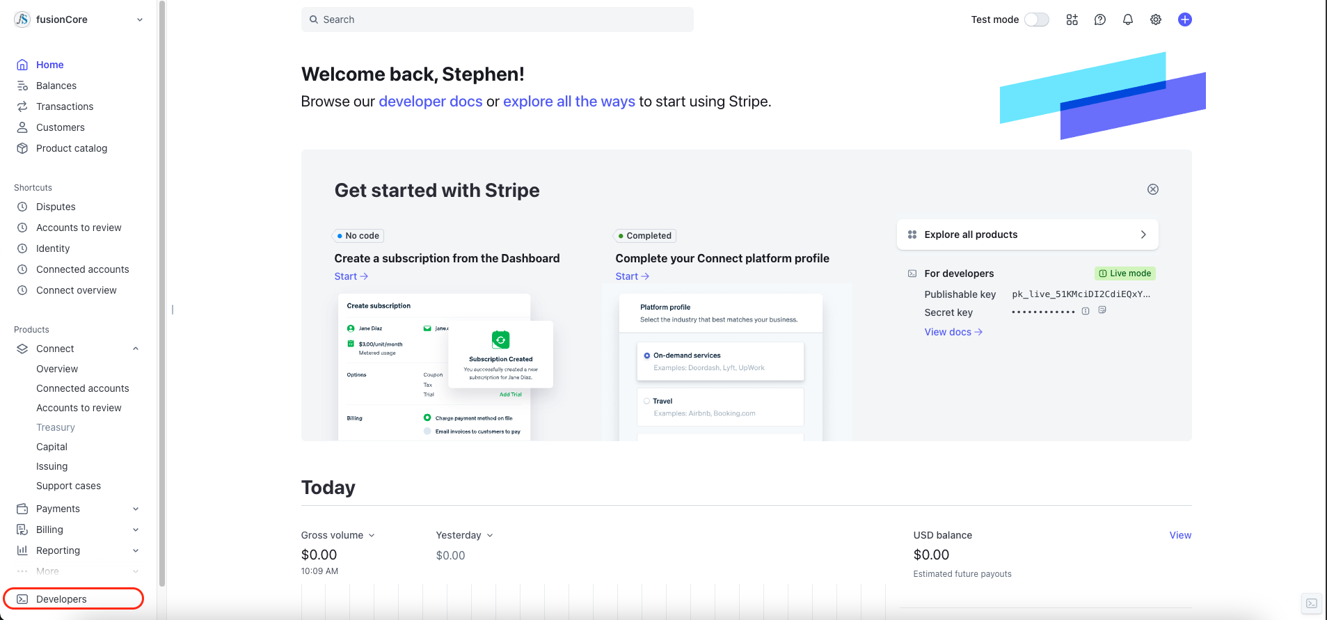 Stripe Developers menu with the Webhook option
