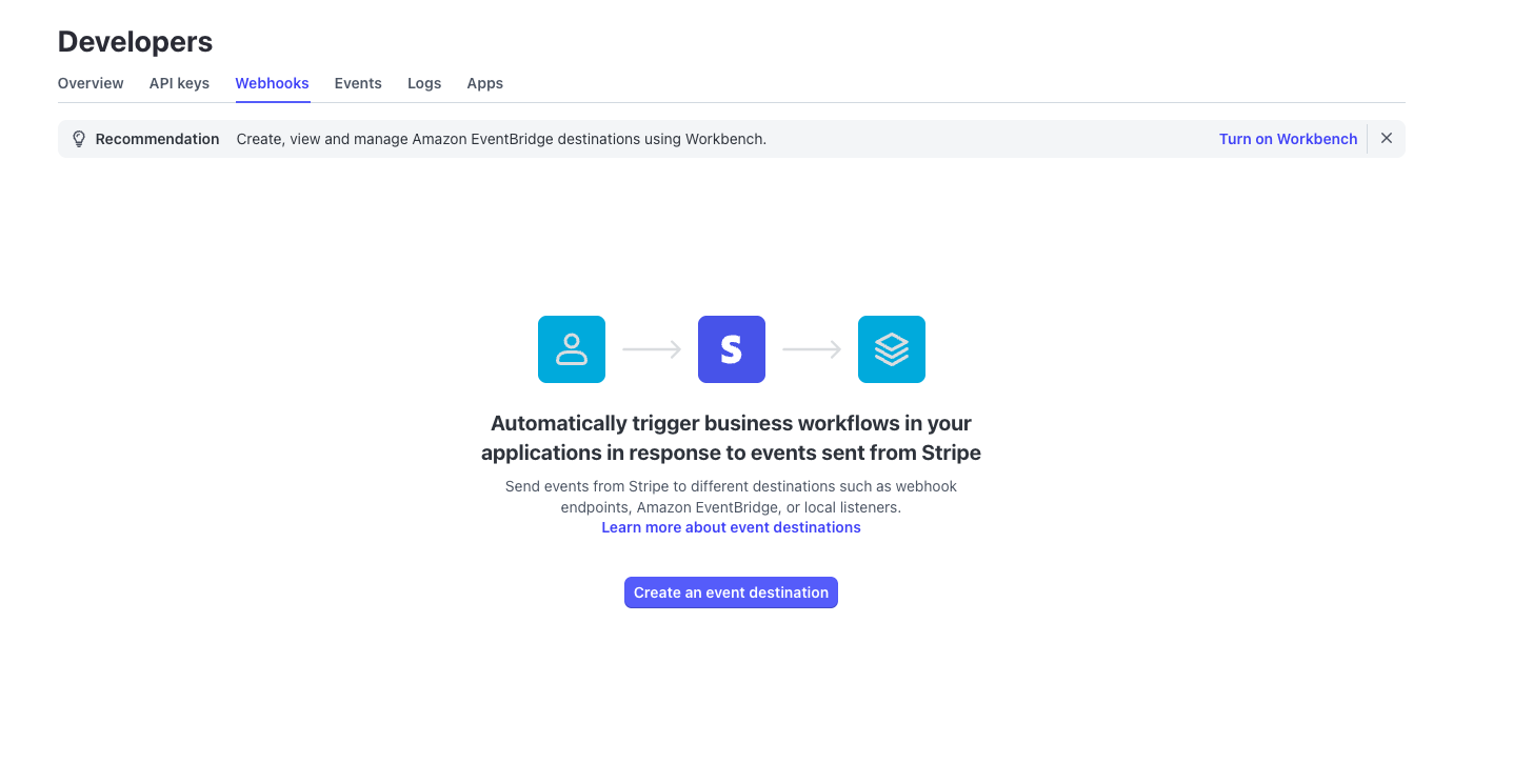 Stripe Create Event Destination configuration screen