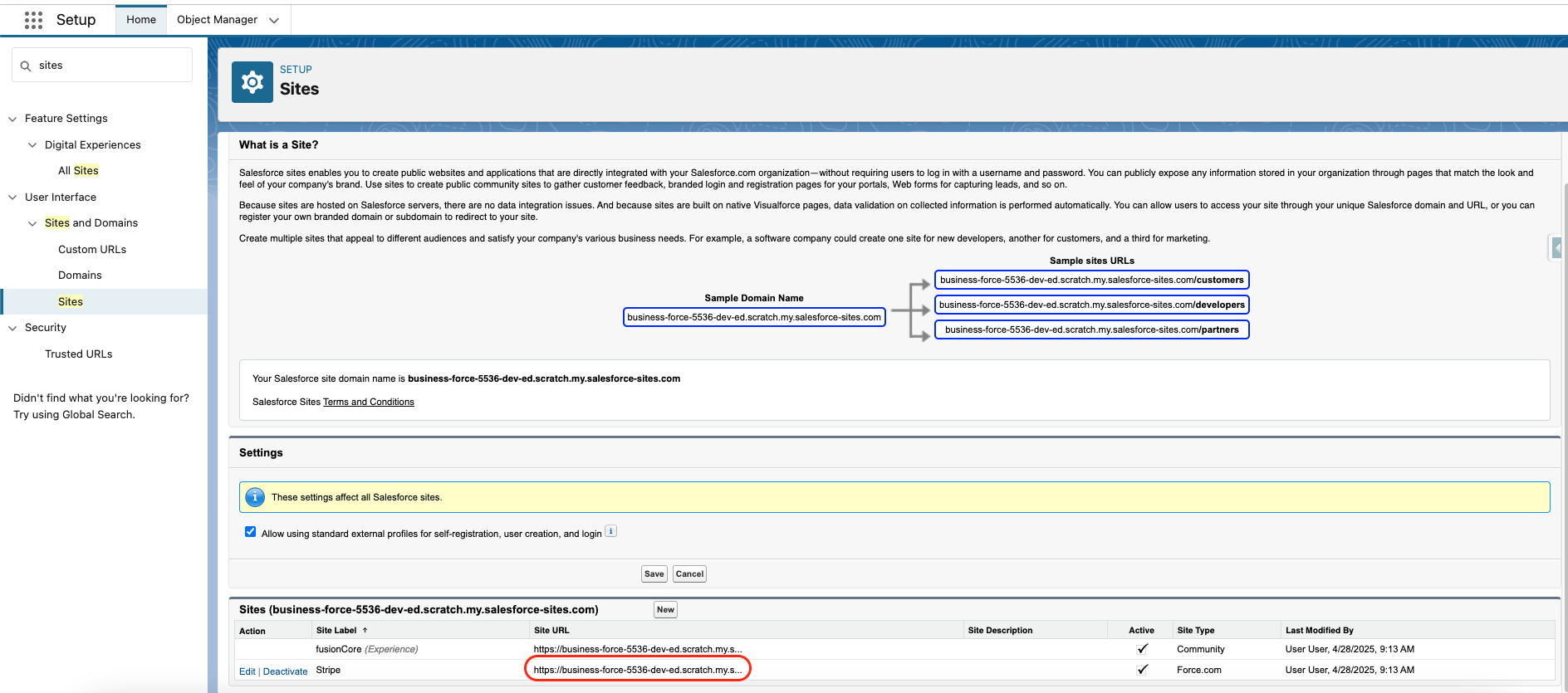 Salesforce Sites page with the site URL link being copied