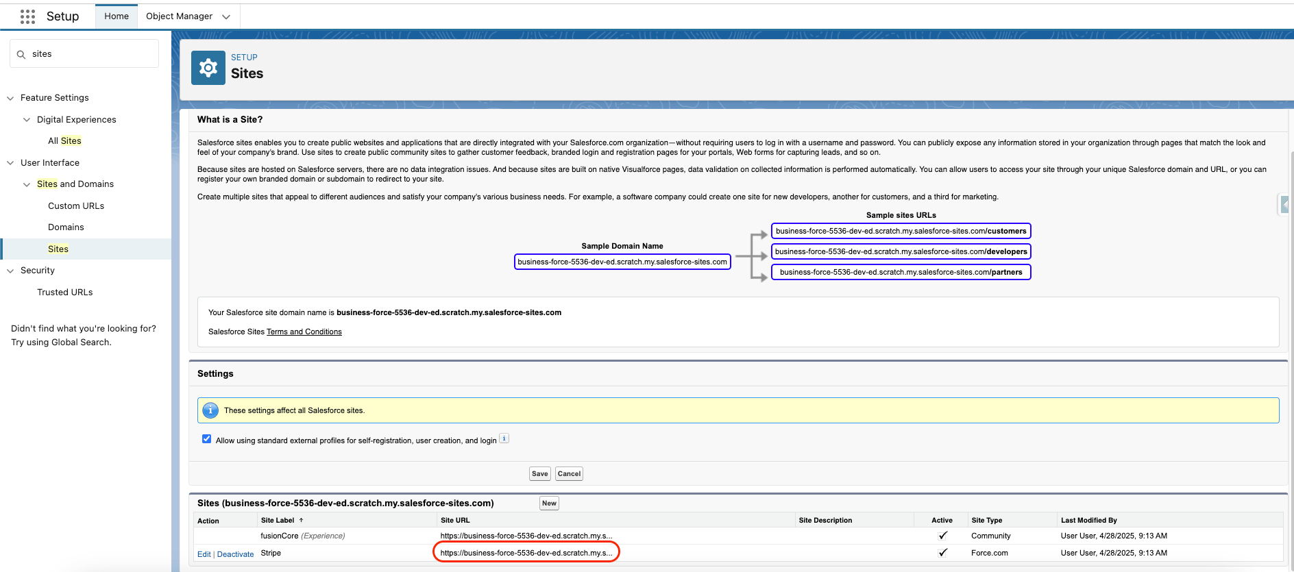 Salesforce Sites page with the site URL link being copied