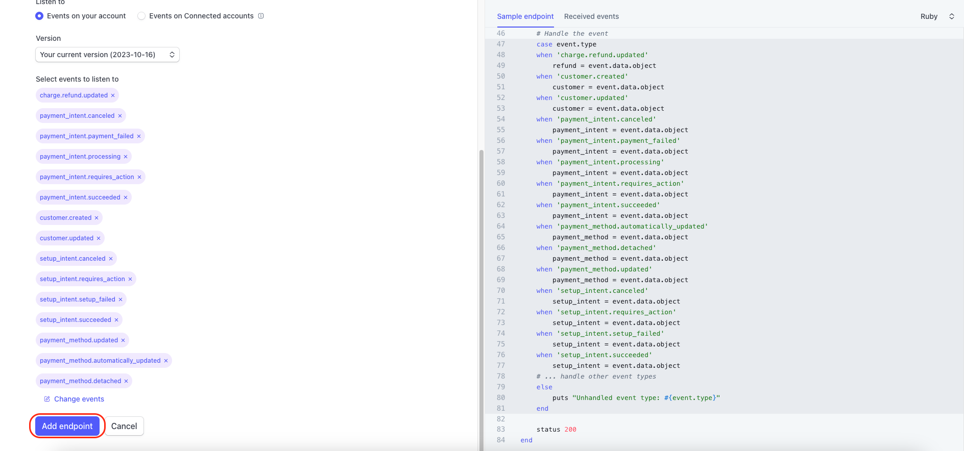 Stripe webhook endpoint configuration showing the subscribed events