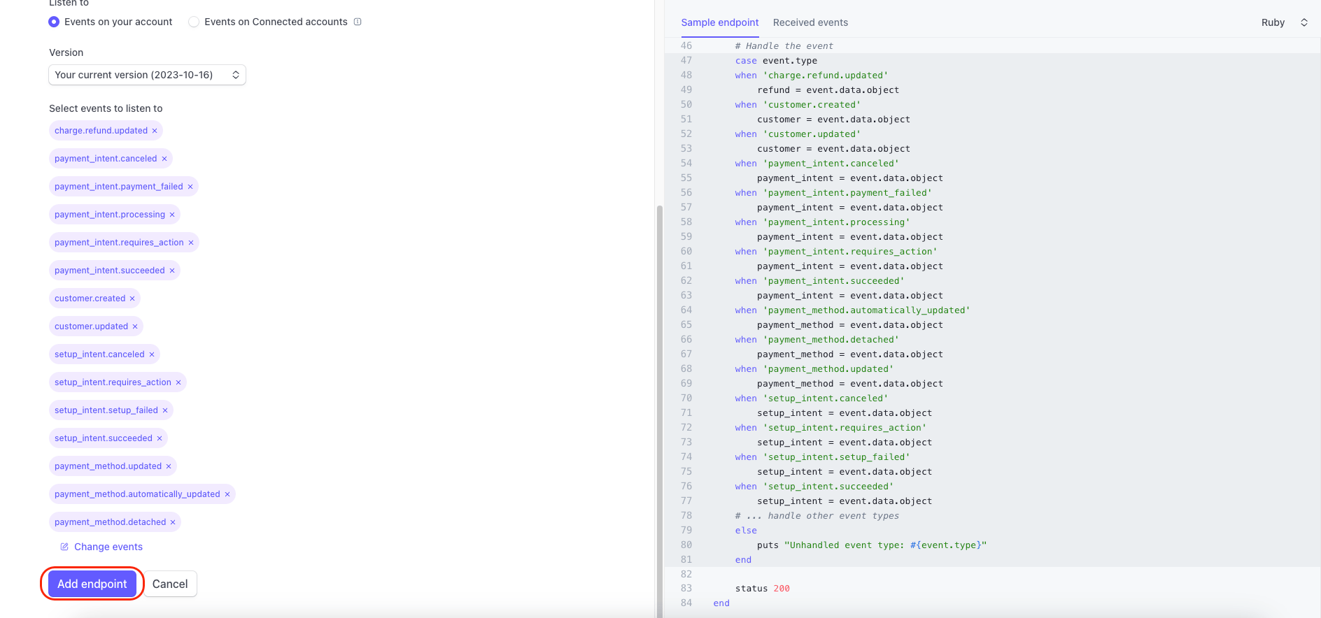 Stripe webhook endpoint configuration showing the subscribed events