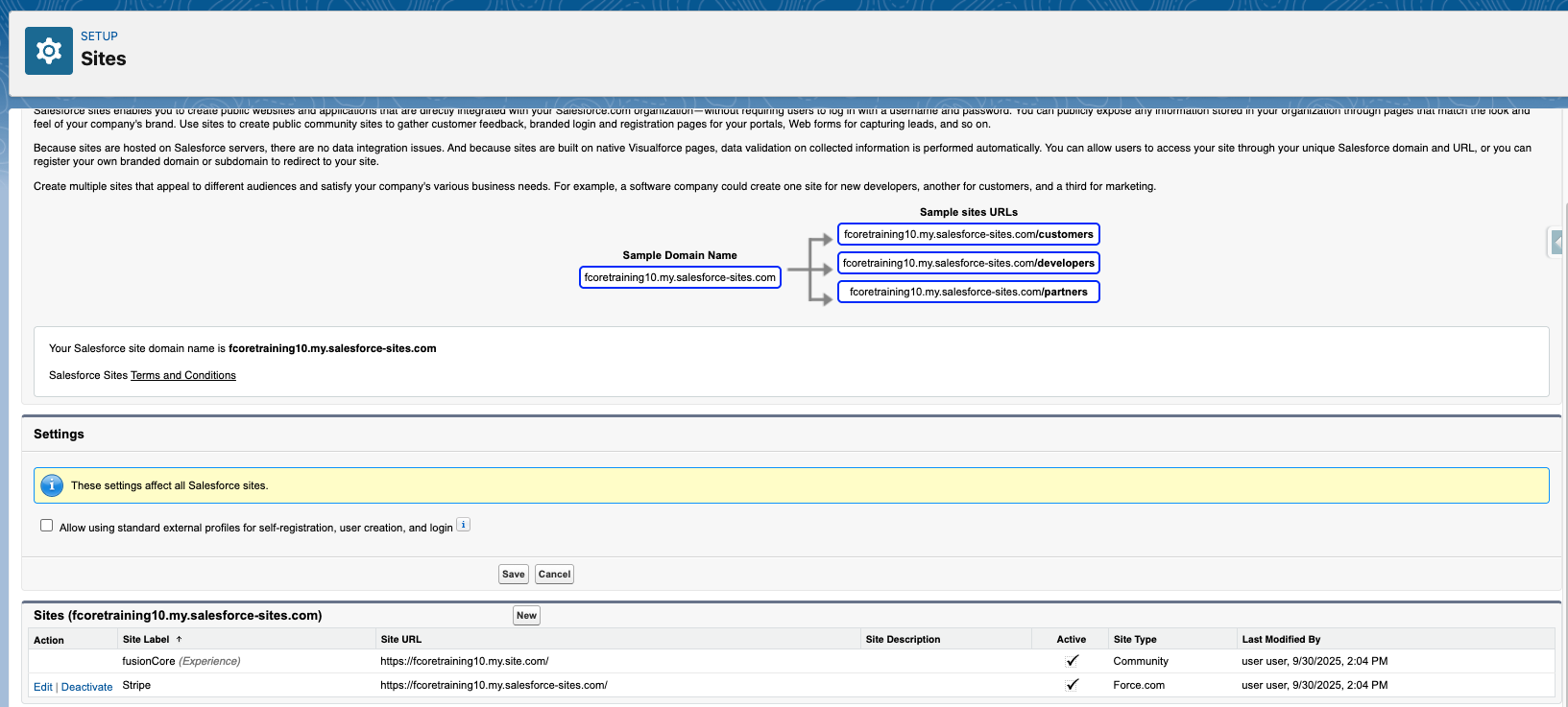 Salesforce Sites setup page with the domain registration checkbox
