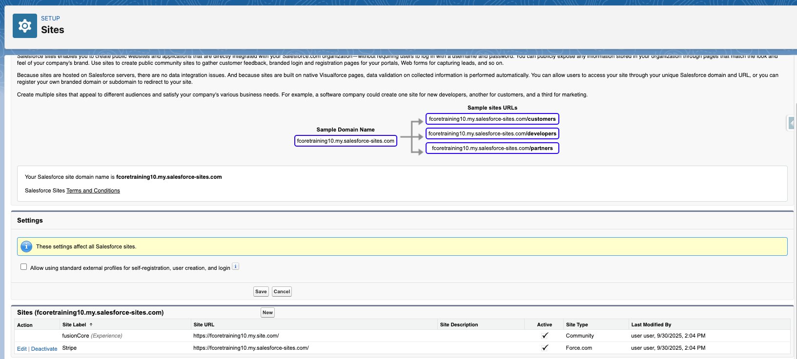 Salesforce Sites setup page with the domain registration checkbox