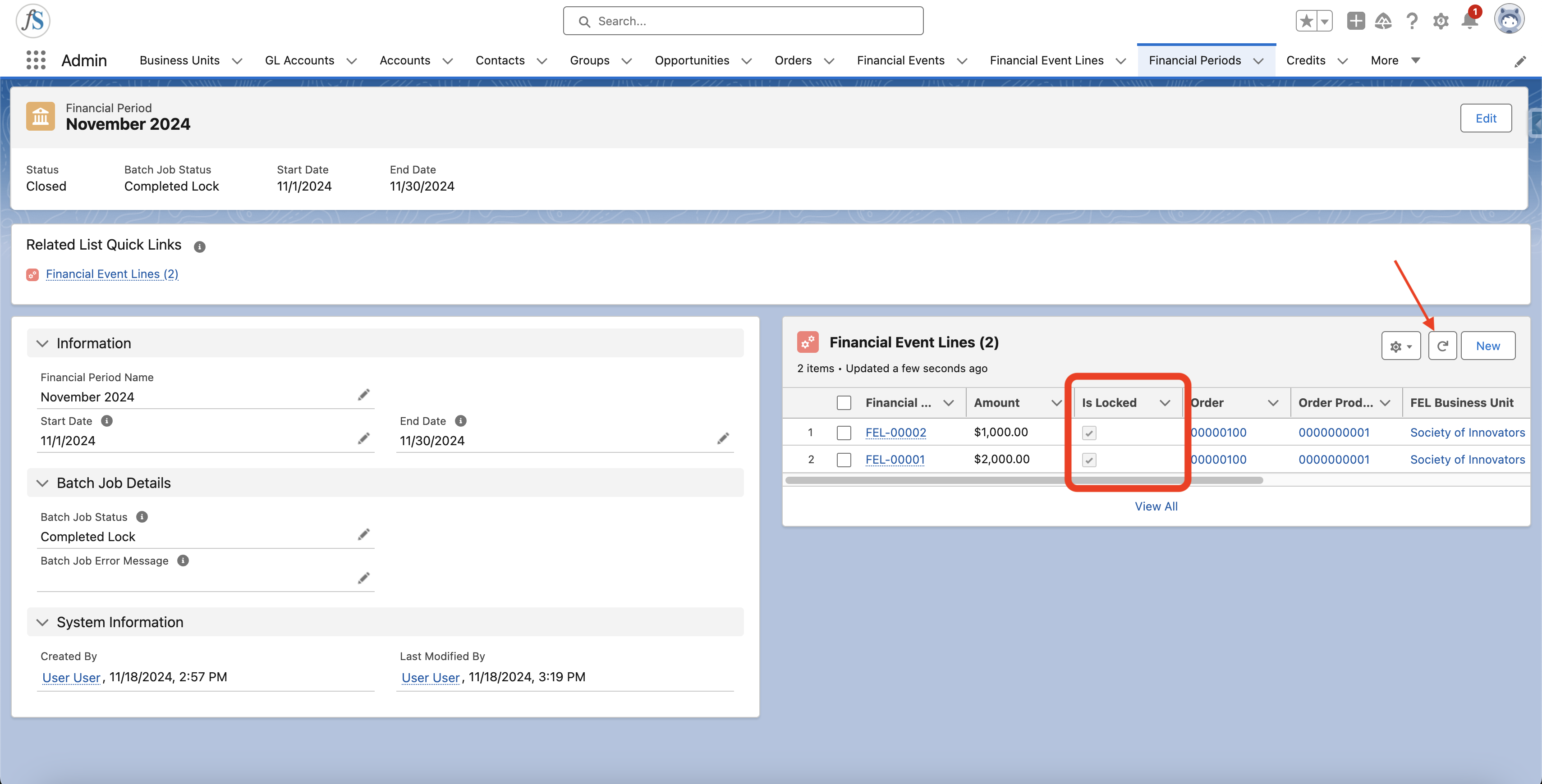 Financial Event Lines section showing locked lines