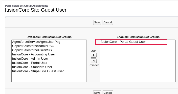 The Permission Set Group Assignments screen for the fusionCore Site Guest User, with the fusionCore - Portal Guest User group enabled