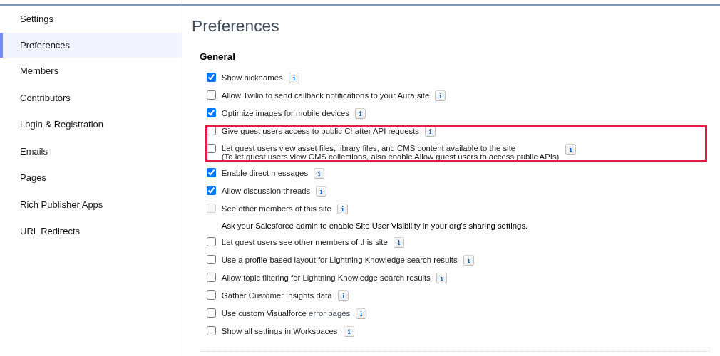 The Administration Preferences screen for a portal site, with the guest-user file and API access checkboxes highlighted