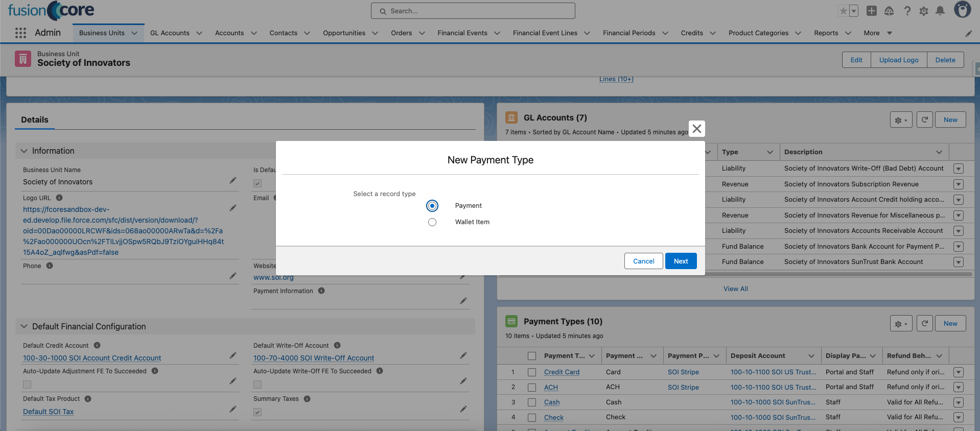 The record type selection dialog with Payment selected