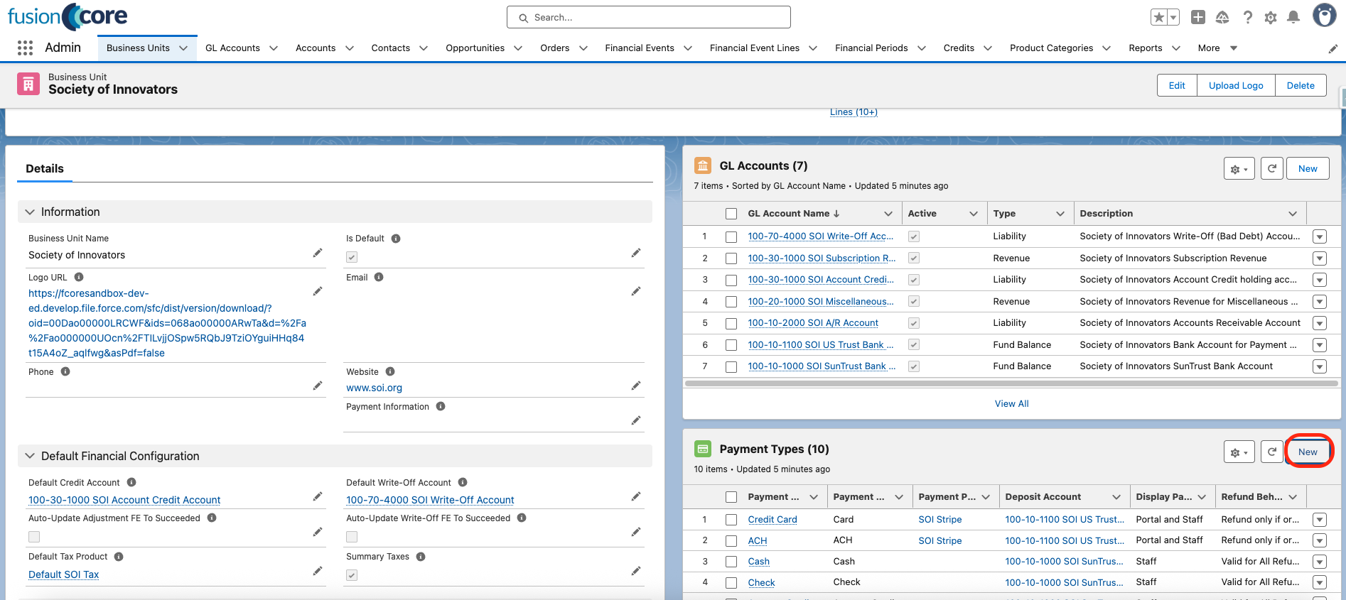 The Payment Types related list on a Business Unit record, with the New button