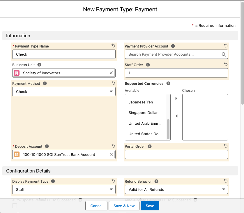 The edit form for an offline Payment Type showing name, business unit, payment method, deposit account, display, and refund behavior fields