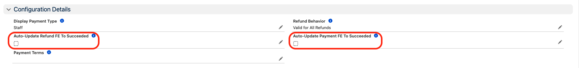 The auto-update to succeeded checkboxes on an offline Payment Type record