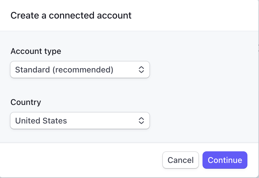 Stripe new connected account dialog showing Account Type and Country fields