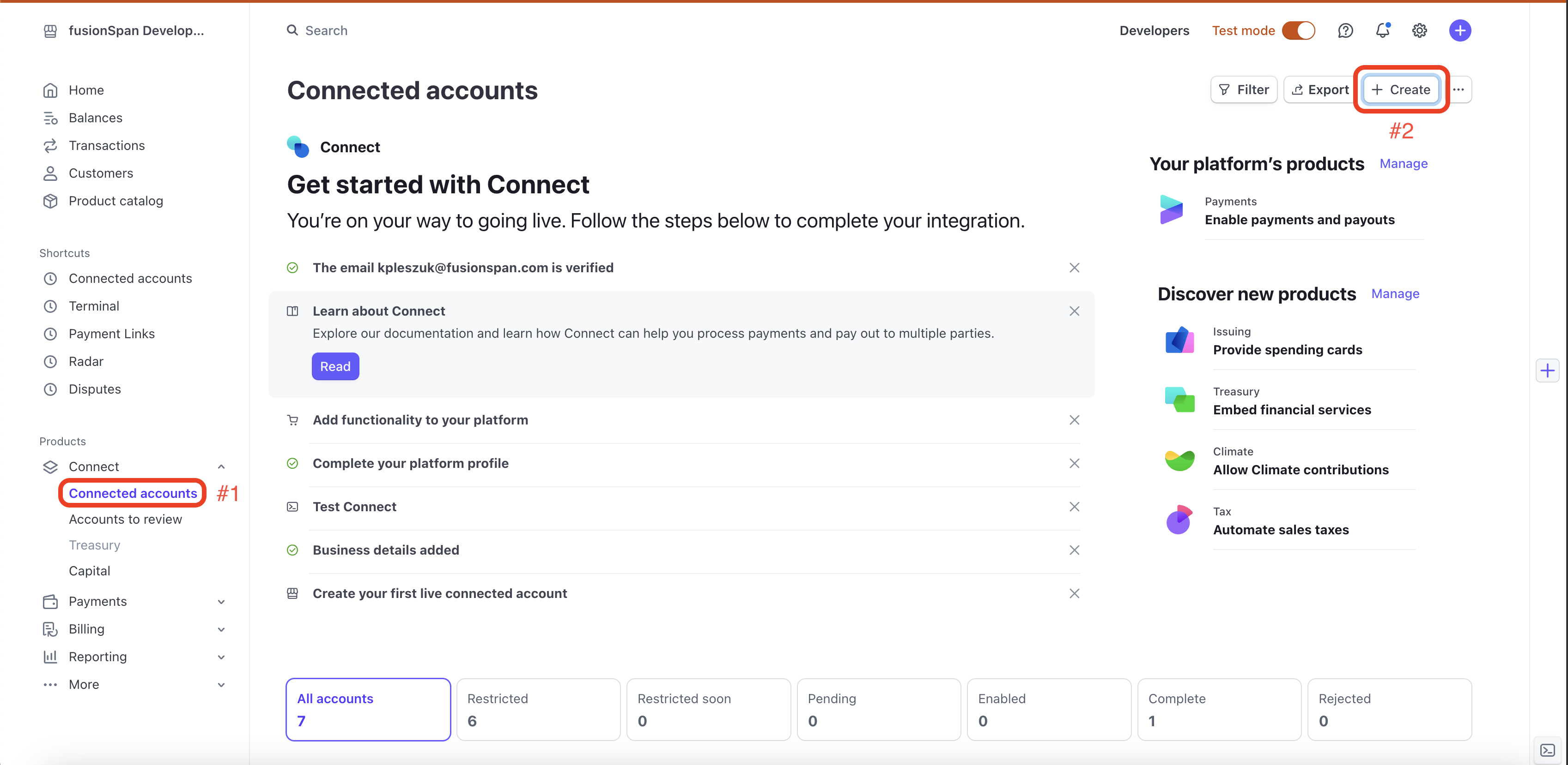 Stripe Connected Accounts page with the Create button
